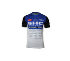 Sportliches Lauftrikot des SHC Meltewitz Offroad-Teams, UV50-Schutz, modernes Design in Blau, Weiß und Schwarz mit Sponsorenlogos wie REWE.